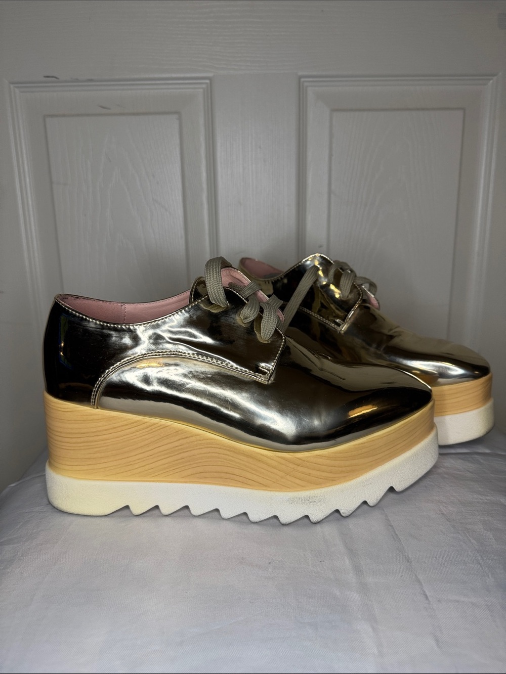 Metallic Gold Platform Oxfords with Wood-Look Midsole